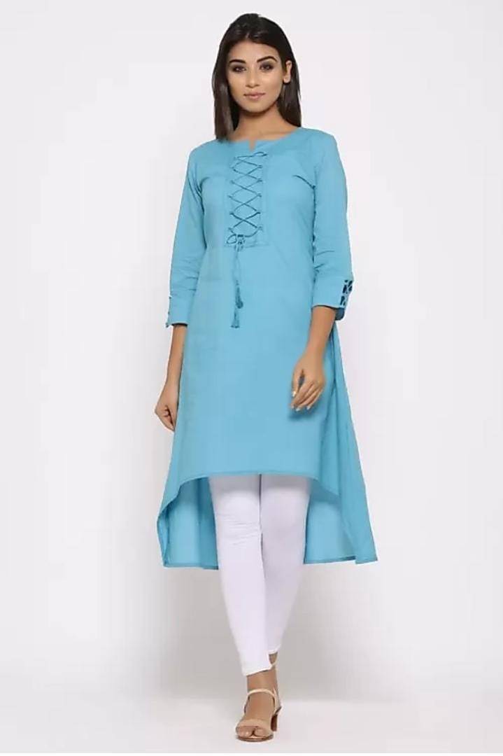 Stylish Rayon Blue Solid 3/4 Sleeves Kurta For Women